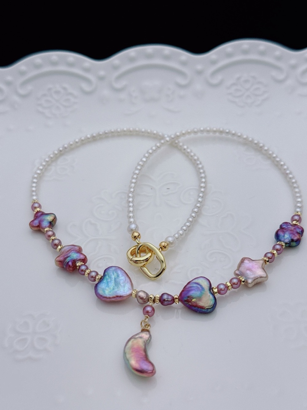 RL043 Handmade Premium Quality Freshwater Baroque Necklace Moon&Star 18” - Picture 4 of 16